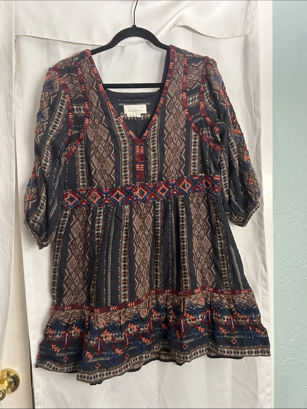 Anthropologie Navy and Brown Boho V-Neck Tunic